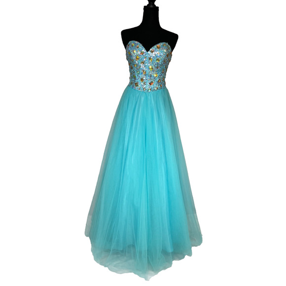 Masquerade Aqua Gold Beaded Prom Dress 3/4 Corset Strapless Ball Gown Tulle - Picture 1 of 12